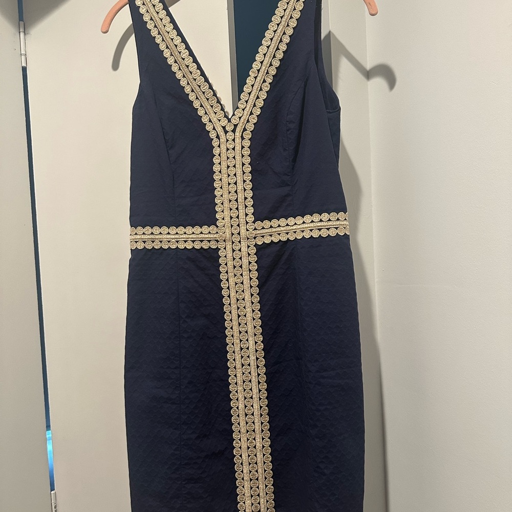 Lilly Pulitzer Blue and Gold Embellished Sheath Dress